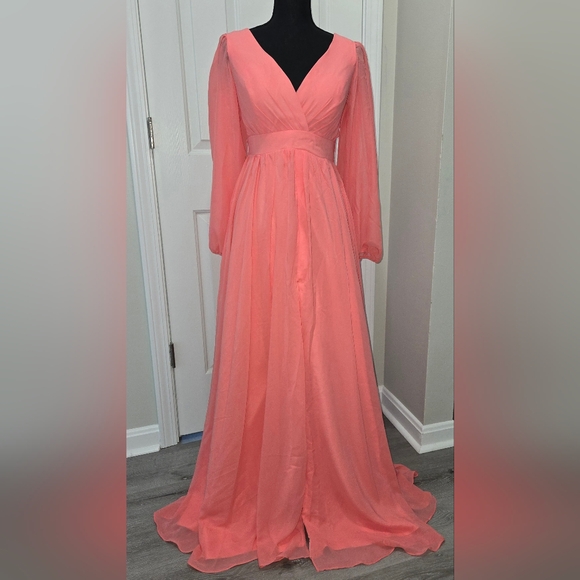NWT Lavetir A-Line V-Neck Coral Long Sleeves Chiffon Long Dress - Picture 2 of 16